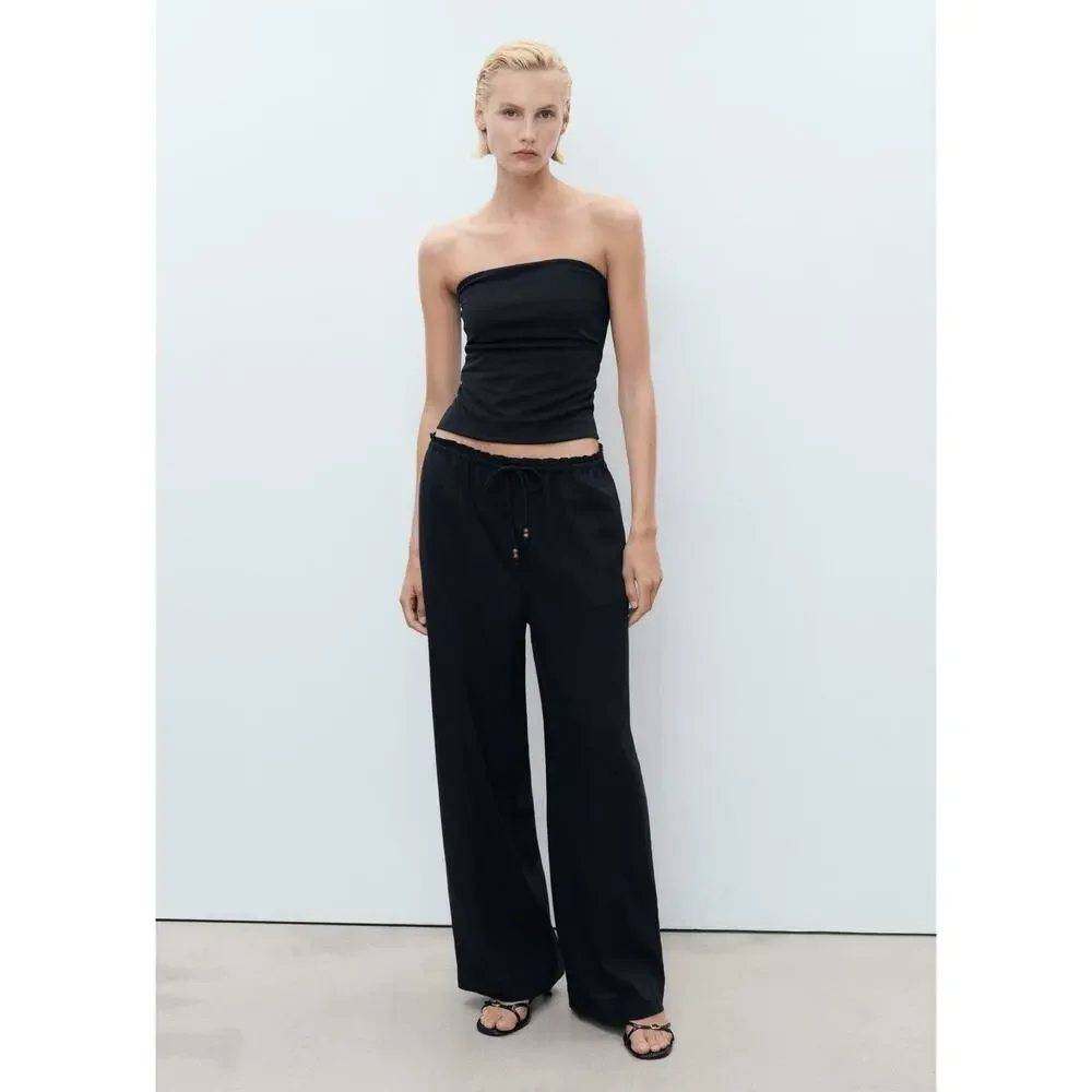 MANGO Linen-Blend Elastic Waist Pants - XS - Black